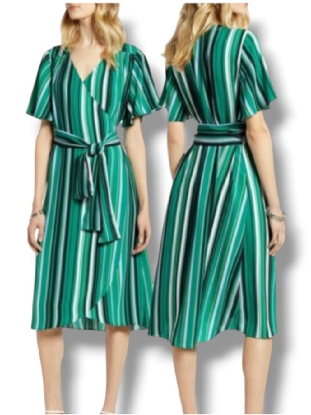 Halogen Women’s Green Striped Georgette True Wrap Cocktail Dress NWOT